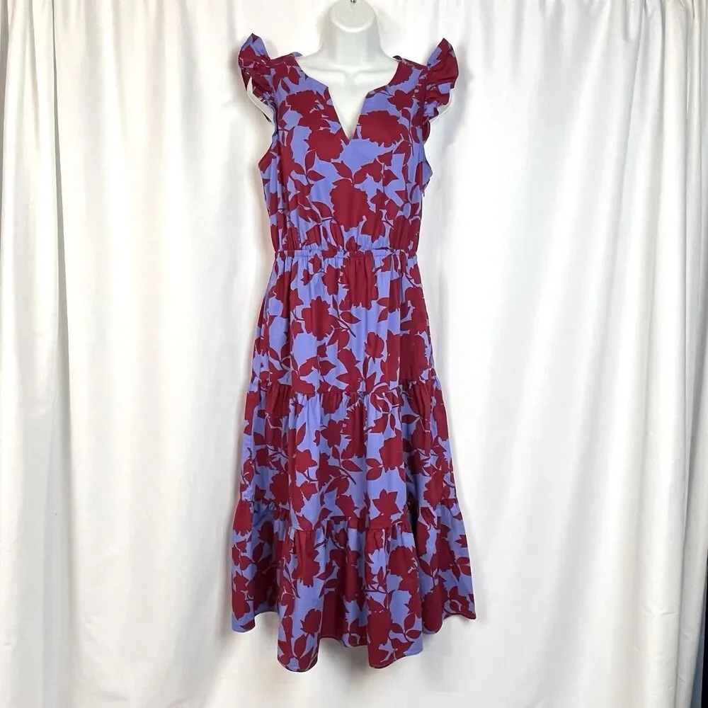 J.Crew Dress Size 4 Purple Red Floral Midi Ruffle Sleeve Cotton Tiered Casual
